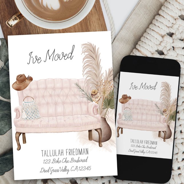 Anúncio Movi a Sala de Viva Elegante Boho Chic em Moviment (boho chic living room new address card available printed or as printable digital download)