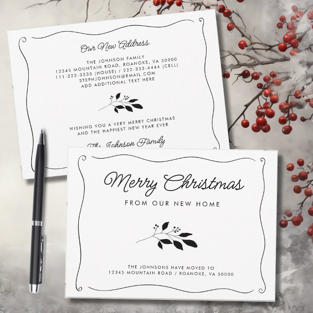 Anúncio Movimentação de Feriado de Fronteira de Onda Simpl (Simple Elegant Wavy Border Christmas Botanical Holiday Moving Announcement Flat Card with Envelope)