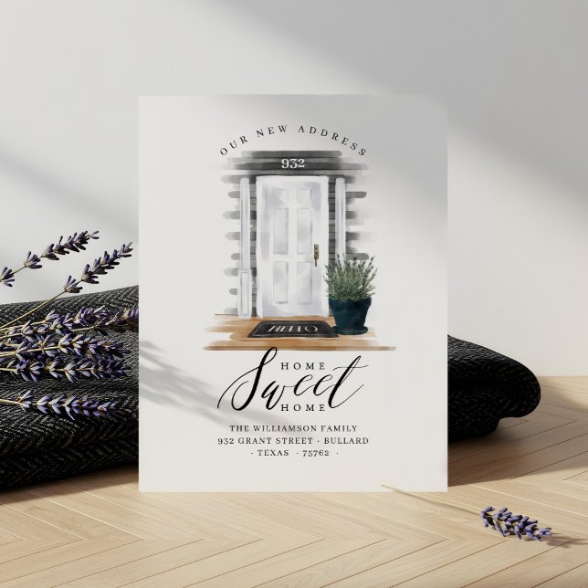 Anúncio Movimentamos Aquarela Hamptons White Front Door (We've Moved Watercolor Hamptons White Front Door Announcement)