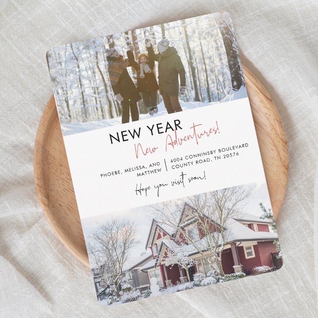 Anúncio Movimentamos Aventuras de Ano Novo em Movimento (New Year Moving Announcement with Family Photo)