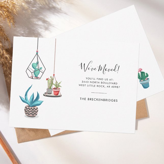 Anúncio Movimentamos Boho Chic Moving (Change of Address New Roots Moving Announcement Boho Potted Cacti Plants)