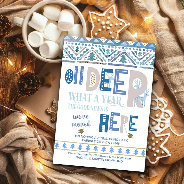 Anúncio Movimento Fairisle Nórdico e Typografia de Veados (Nordic We've Moved Christmas Card from the Holiday Moving Announcements Collection by Darling & May)