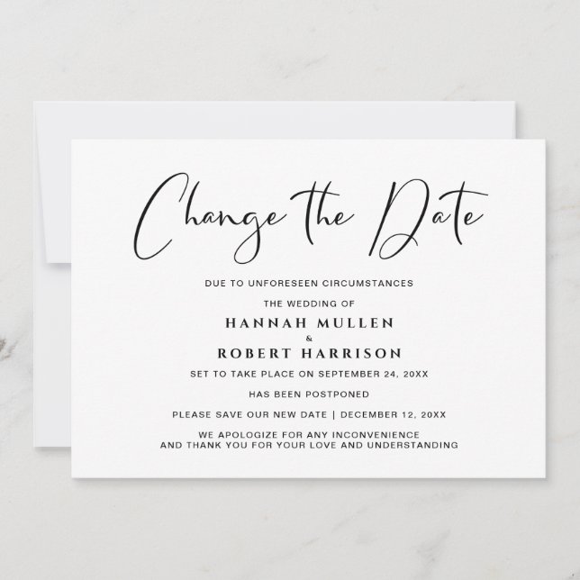 Anúncio Mudança de Data de Casamento Adiada Preto e Branco (Frente)