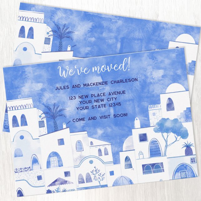 Anúncio Mudança de endereço de casas de aquarela (Blue and white watercolor Mediterranean houses and apartements change of address moving announcement)