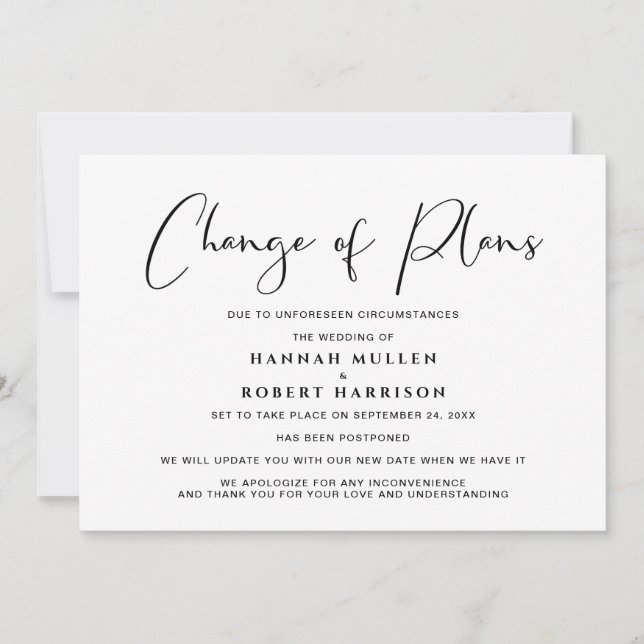 Anúncio Mudança de planos adiado cancelado preto e branco (Frente)
