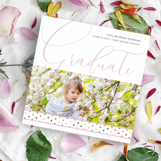 Anúncio Multicolored Pink Polka Dots Funny Graduate Photo  (Multicolored  Polka Dots Funny Graduate Photo Pink Graduation Announcement Card with Envelope.)