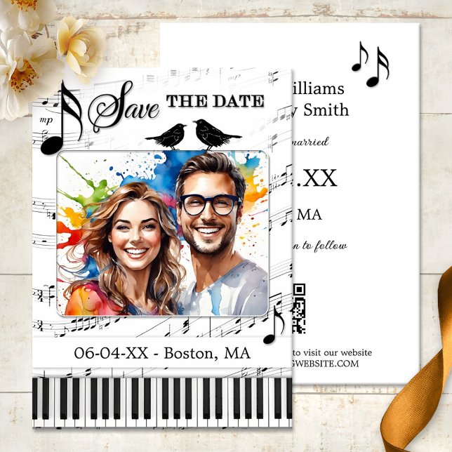 Anúncio Música divertida, preto e branco - Salvar a data (Save the Date card with your photo on a black and white design with musical notes, keyboard and bird)