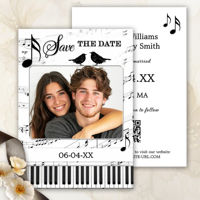 Anúncio Música engraçada, preto e branco - Salve a data (Funny and whimsical black and white Save the Date card with a music theme and custom photo)