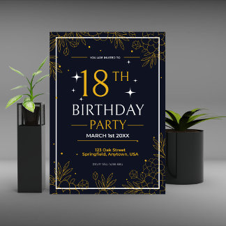 Anúncio Na moda festa de aniversário preto e dourado