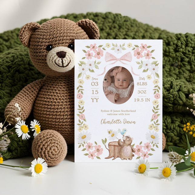 Anúncio Nascimento da Rapariga do Urso da Madeira Floral (Floral Watercolor Woodland Bear Girl Photo Birth Announcement)