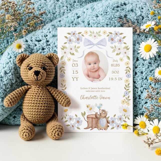 Anúncio Nascimento de um Garoto de Urso de Madeira Floral (Floral Watercolor Woodland Bear Boy Photo Birth Announcement)