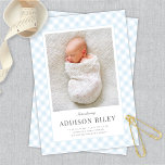 Anúncio Nascimento do Bebê Gingham, Clássico e Elegante<br><div class="desc">Este simples,  mas elegante design de anúncio de nascimento apresenta uma fotografia vertical,  uma bela tipografia,  e um quadro clássico de padrão de gingham azul. Você pode personalizar ainda mais este design,  adicionando outra foto ou texto adicional no verso.</div>