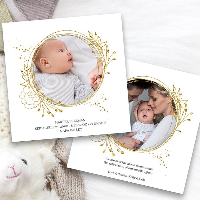 Anúncio Nascimento Elegante de Quadro de Fotos Dourado Bot (2 Framed Photo Baby Birth Announcement. Buy printed or as a printable digital download)
