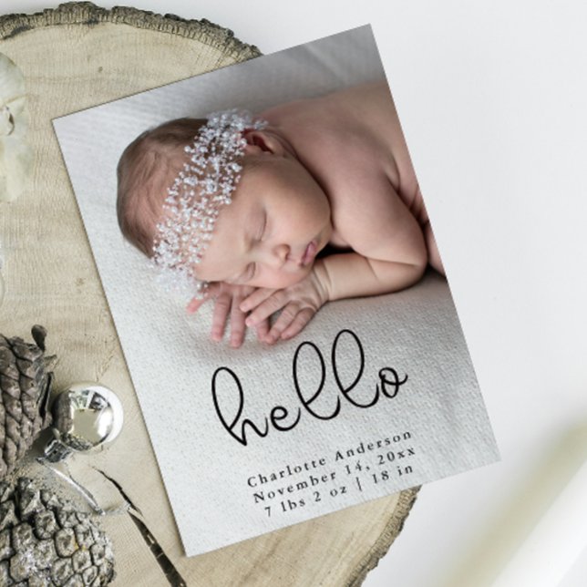 Anúncio Nascimento moderno da caligrafia fotográfica (Baby Photo Modern Elegant Calligraphy Birth Announcement Front view)