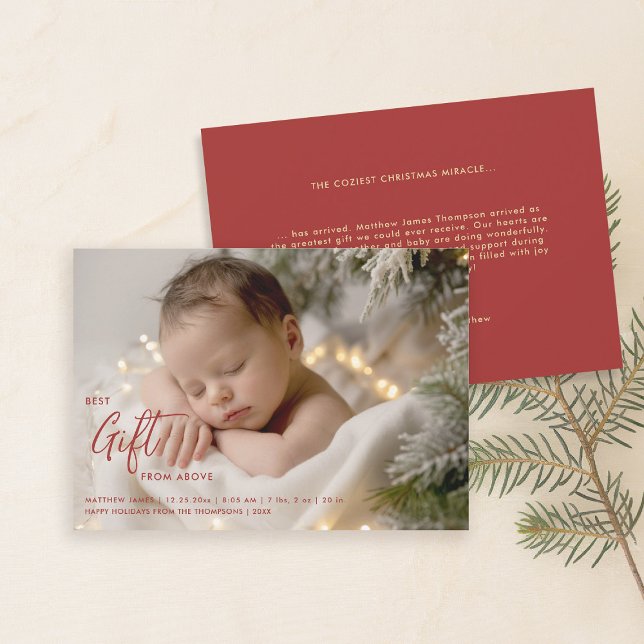 Anúncio Natal - Melhor Presente Caligrafia Moderna Foto do (christmas family card baby announcement best gift calligraphy simple elegant modern red gold)