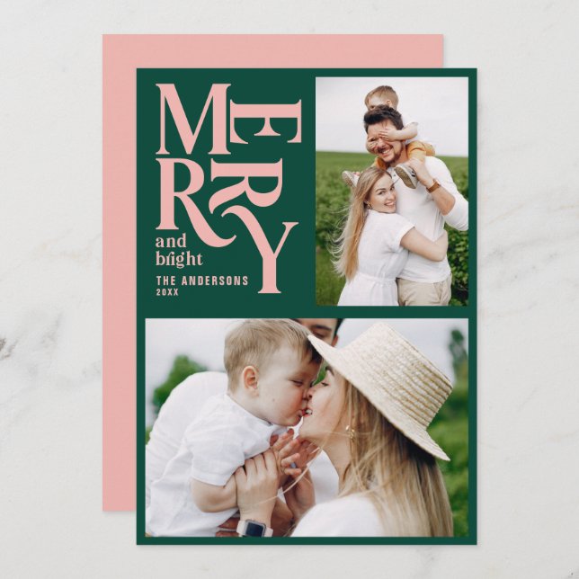 Anúncio Natal verde e feliz rosa (Frente/Verso)