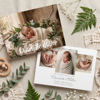 Anúncio Natural Greenery Newborn Baby Birth Announcement