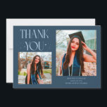 Anúncio Navy Blue Graduate Thank You 2-Photo<br><div class="desc">Modern and whimsical graduation announcement photo card featuring 2 photos on the front and 1 on the back. The text says "THANK YOU" with twinkling stars. Add the graduate's name,  information,  and message to personalize this card. Navy blue.</div>