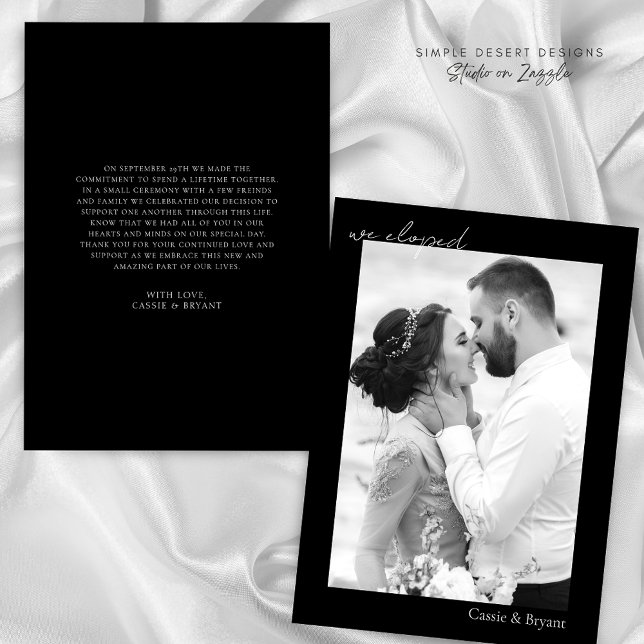 Anúncio Negra e Branca, Elogiamos Casamento Moderno Elegan (Modern Minimal Black and White We Eloped Wedding Announcement)