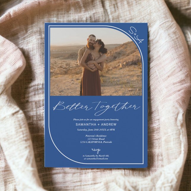 Anúncio Noivado simples de fotos azul 2 (Simple modern blue 2 photos engagement announcement)