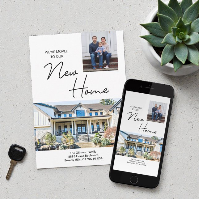 Anúncio Nós nos mudamos para a nossa nova casa com fotos p (Custom photos "We've moved to our New Home" family moving announcement card.)