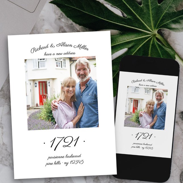 Anúncio Nova Movimentação de Foto Elegante de Número de Ca (House number new address photo moving announcement available printed or printable digital download)