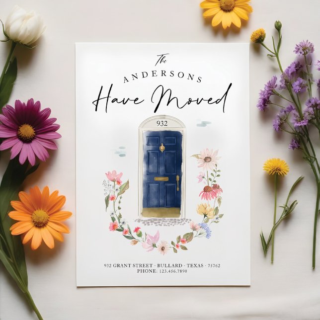 Anúncio Nova Porta de Aquarela do Marinho Doméstico Floral (New Home Navy Watercolor Door Wildflower Floral Announcement)