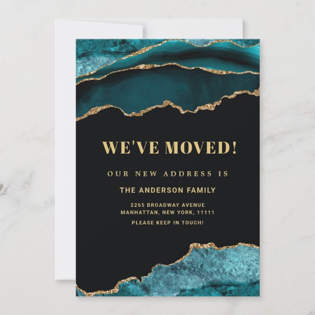 Anúncio Novo Endereço Azul Dourado e Teal Marble Movendo (Frente)