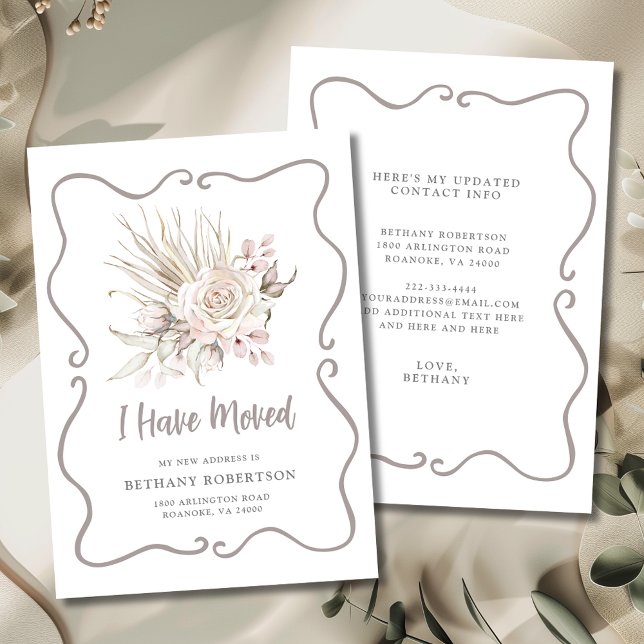 Anúncio Novo Lar Rosas Cor-de-Rosa Desabrochando Mudança (I Have Moved Boho Blush Pink Roses with Eucalyptus New Address Flat Card)