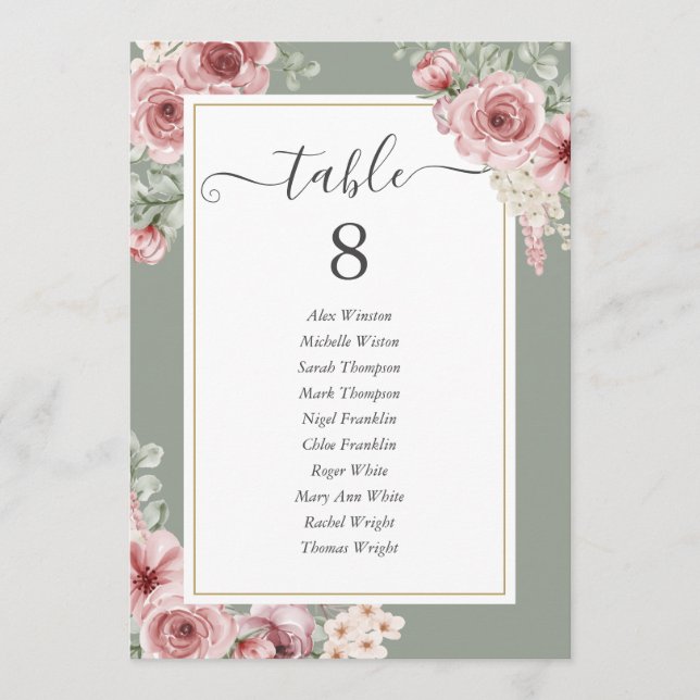 Anúncio Números de Mesa Rosa Floral Verde Sage (Frente)