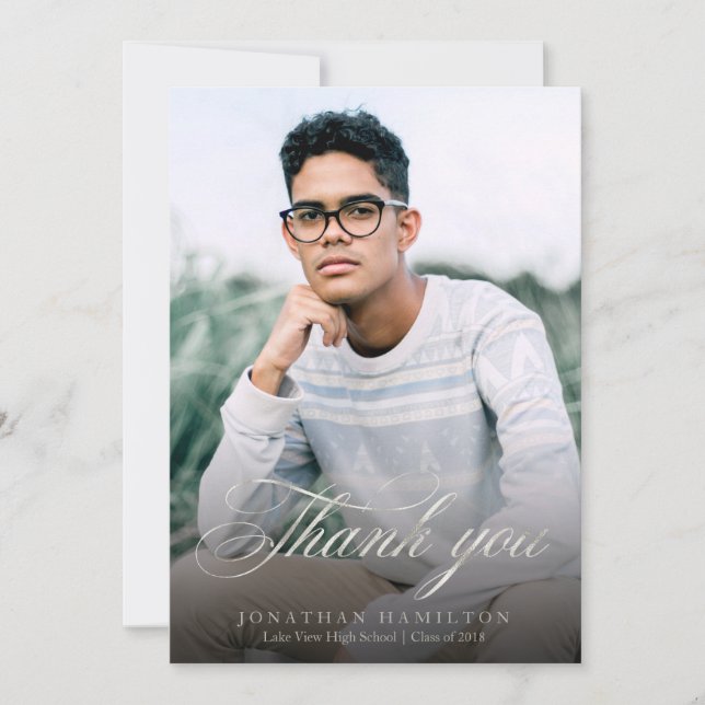 Anúncio Obrigado Foto de Formatura com Letra Prata Elegant (Frente)