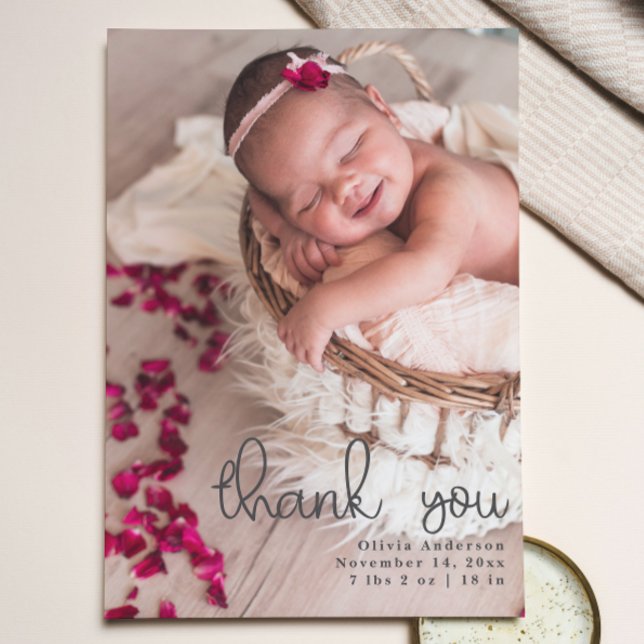 Anúncio Obrigado Fotografias Renovadas, Escrita Caligrafia (Thank You Newborn Photos Script Calligraphy Announcement)