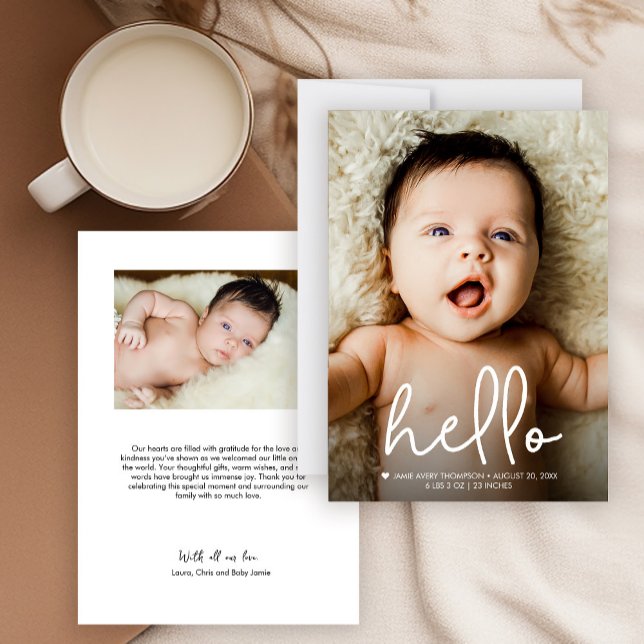 Anúncio Olá, Fotos Personalizadas de Bebê (Hello modern script baby birth announcement minimalist photo thank you card.)