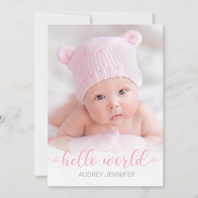 Anúncio Olá World Pink Script Photo Baby Girl Birth (Frente)