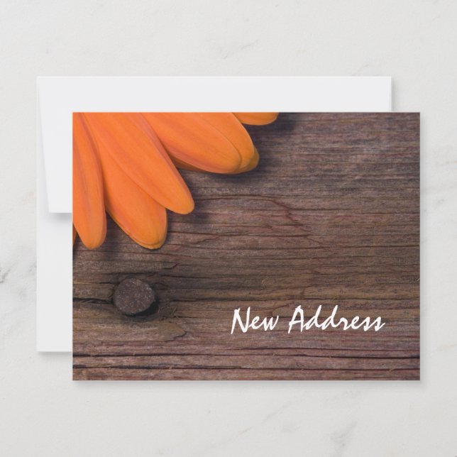 Anúncio Orange Daisy and Rustic Barn Wood New Address Card (Frente)