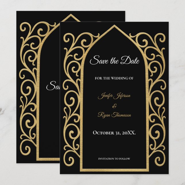 Anúncio Ornate border black and gold wedding save the date (Frente/Verso)