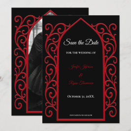 Anúncio Ornate border black and red wedding save the date