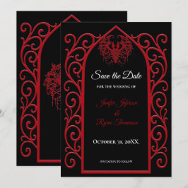 Anúncio Ornate border black and red wedding save the date
