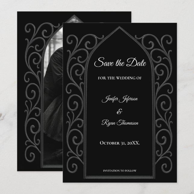 Anúncio Ornate border black and whit wedding save the date (Frente/Verso)