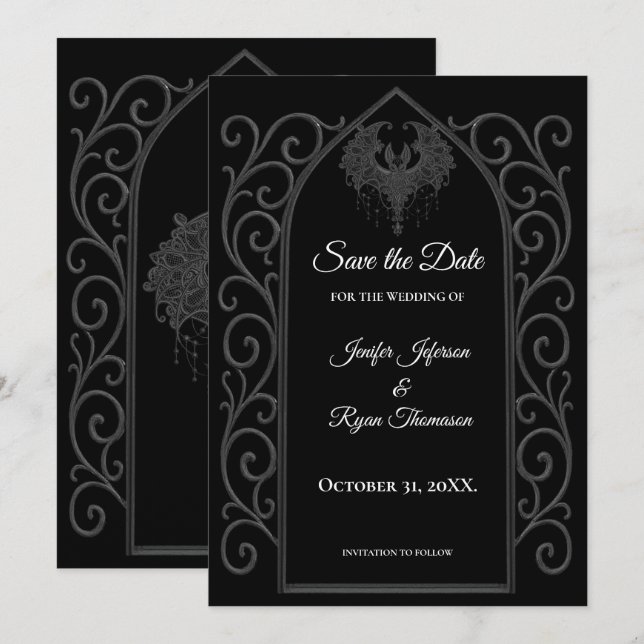 Anúncio Ornate border black and whit wedding save the date (Frente/Verso)