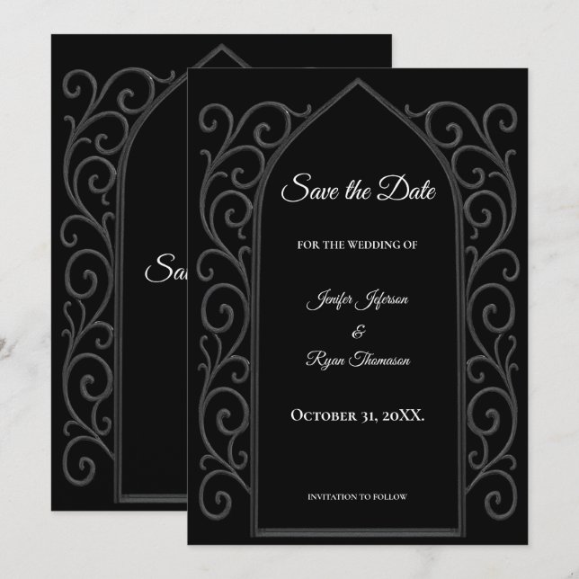 Anúncio Ornate border black and whit wedding save the date (Frente/Verso)