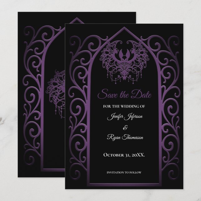 Anúncio Ornate purple border wedding save the date (Frente/Verso)