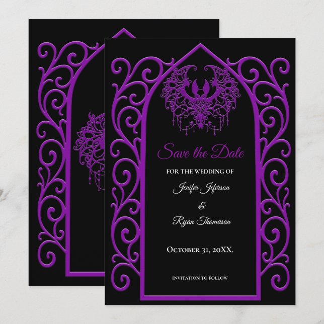 Anúncio Ornate purple border wedding save the date (Frente/Verso)