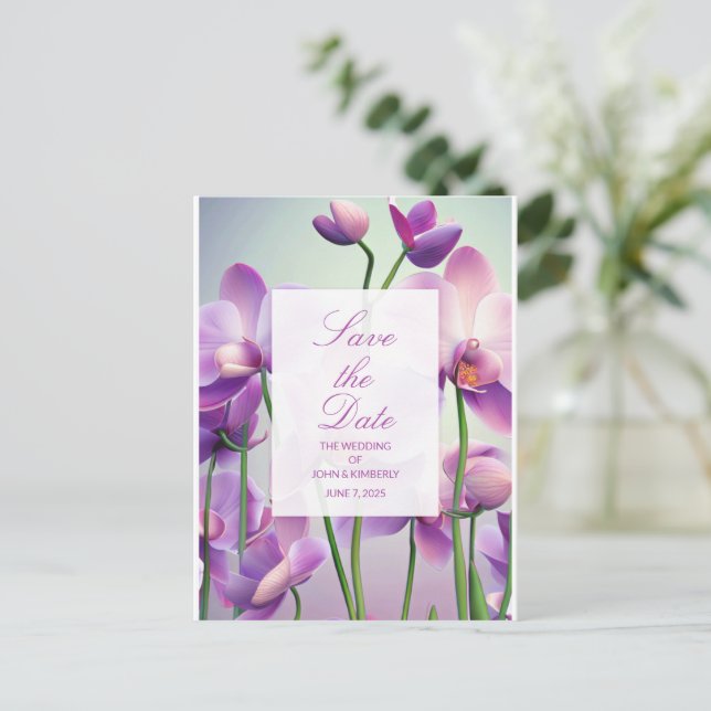Anúncio Orquídeas Roxas Cartão Postal de Data de Casamento (Em pé/Frente)