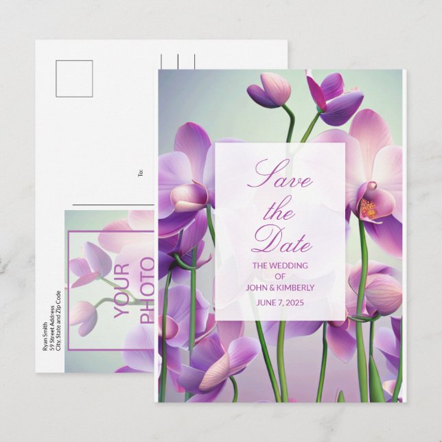 Anúncio Orquídeas Roxas Cartão Postal de Salvar a Data do  (Frente/Verso)
