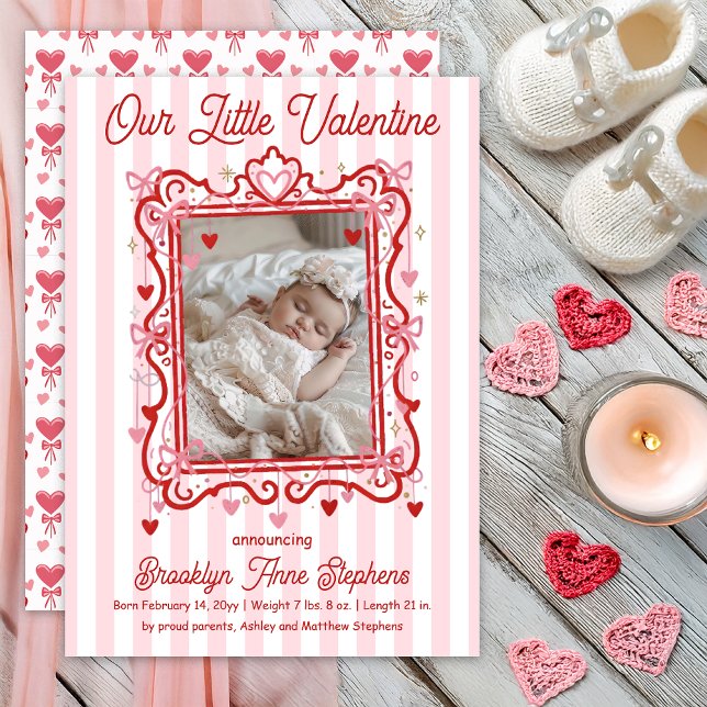 Anúncio Our Little Valentine Photo Birth Announcement (Our Little Valentine Photo Hearts | Coquette Bows Birth Announcement -- Print | Digital Download)