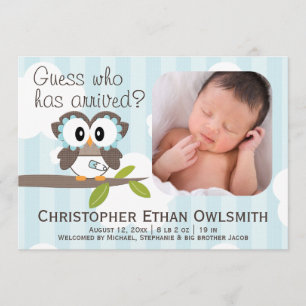 Anúncio Owl Birth Anunciement Boy