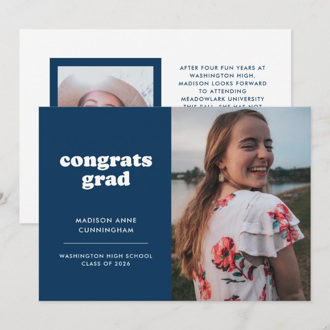 Anúncio Parabéns Azul e Branco Formando dois graus de foto (Frente/Verso)