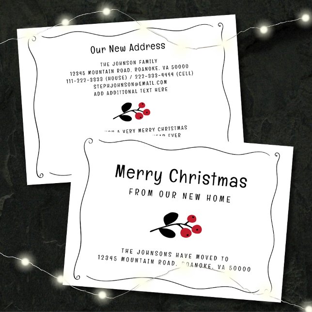 Anúncio Passagem de Feriado de Bordas Vermelhas de Borrelh (Zazzle Wavy Border Red Christmas Berries Holiday Moving Announcement Flat Card)