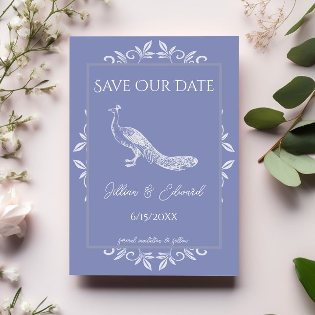 Anúncio Periwinkle Peacock Flourish Salvar Data (Periwinkle Peacock Flourish Save the Date)